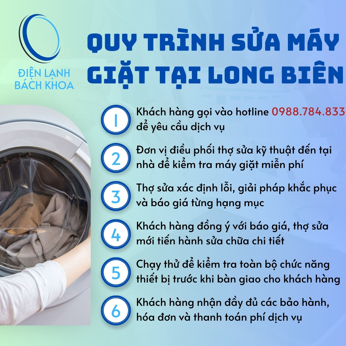Sửa Máy Giặt Tại Long Biên Gọi 15P Có Mặt - Uy Tín - Giá Rẻ 4 Toàn bộ quy trình thực hiện của dịch vụ sửa máy giặt tại nhà ở quận Long Biên